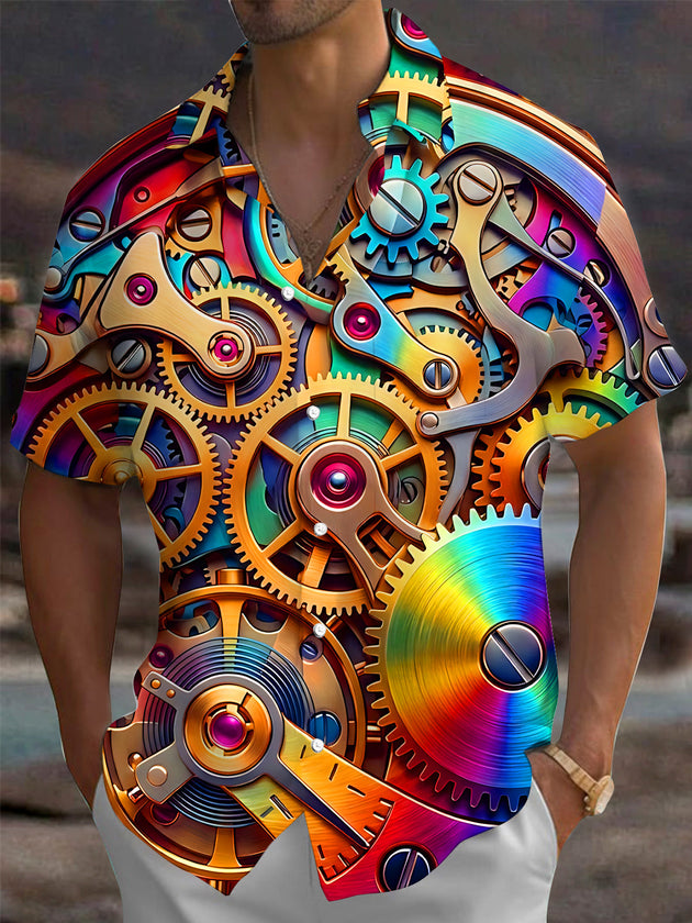 Adaychic Men's 3D Colorful Mechanical Gears And Cogs Print Short Sleeve Shirt with Chest Pocket