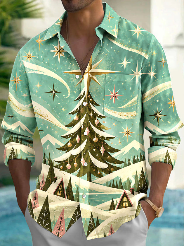Adaychic Men's Christmas Tree And Winter Landscape Print Long Sleeve Shirt with Chest Pocket