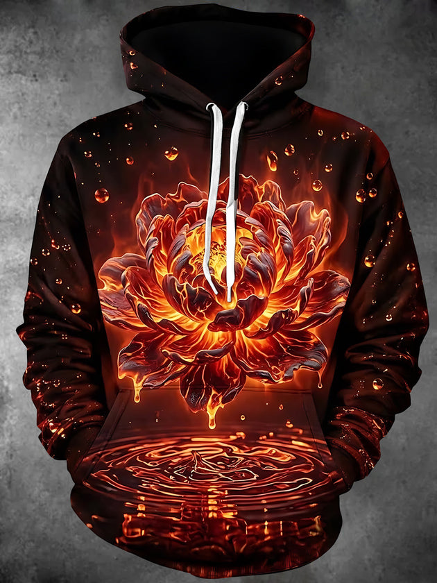 Adaychic Men's Long Sleeve Hoodie - Flaming Flower With Lava Drips And Water Ripples Print