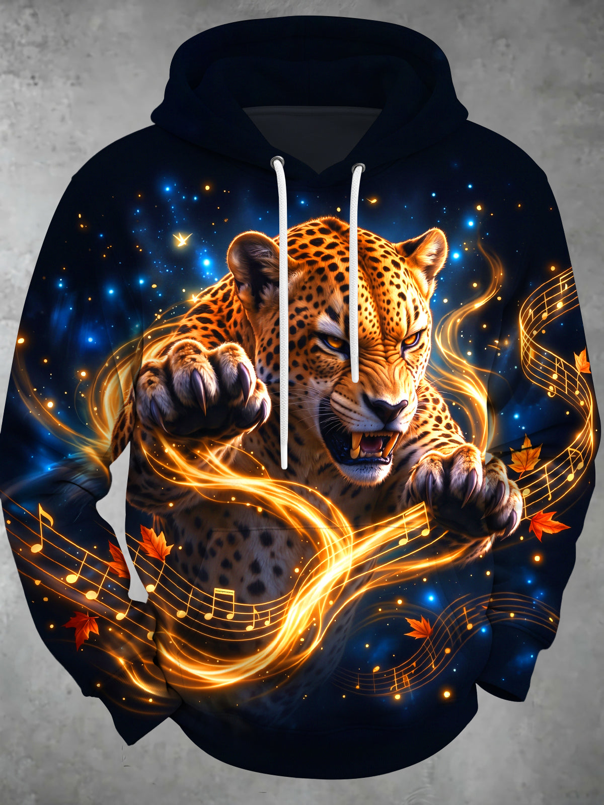 Adaychic Men's Graphic Leopard And Music Notes Print Long Sleeve Hoodie
