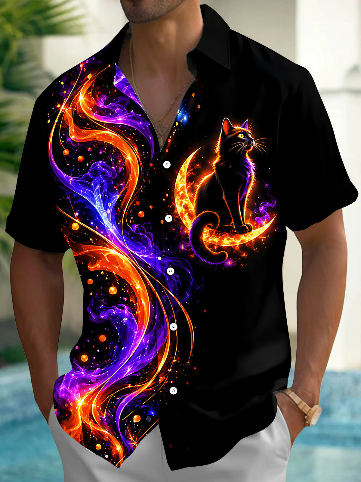 Adaychic Men's Halloween Black Cat On Crescent Moon Print Short Sleeve Shirt with Chest Pocket