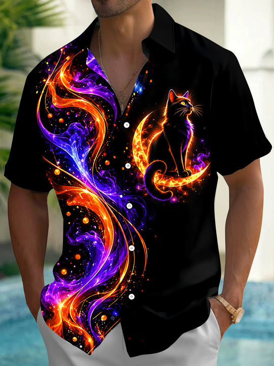 Adaychic Men's Halloween Black Cat On Crescent Moon Print Short Sleeve Shirt with Chest Pocket