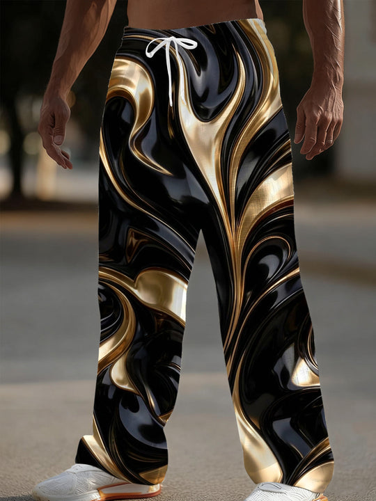 Adaychic Men's Patterned Abstract Swirling Gold And Black Liquid Pattern Pants
