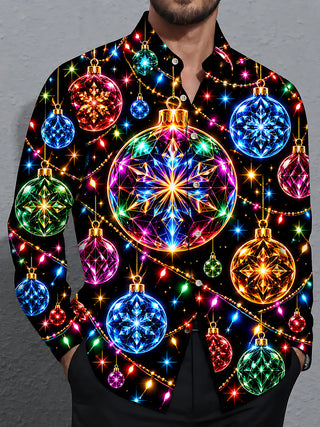 Adaychic Men's Graphic Christmas Ornaments And Lights Print Long Sleeve Shirt with Chest Pocket