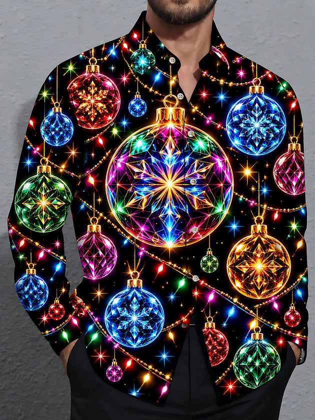 Adaychic Men's Graphic Christmas Ornaments And Lights Print Long Sleeve Shirt with Chest Pocket