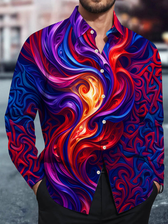 Adaychic Men's Abstract Fluid Swirls And Flame Motif Print Long Sleeve Shirt with Chest Pocket