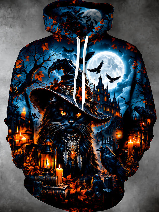 Adaychic Men's Long Sleeve Hoodie - Halloween Black Cat Witch And Gothic Castle Print