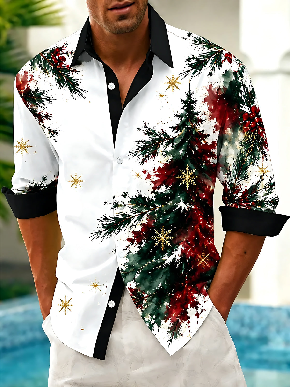 Adaychic Men's Watercolor Christmas Tree And Snowflakes Print Long Sleeve Shirt with Chest Pocket