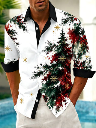 Adaychic Men's Watercolor Christmas Tree And Snowflakes Print Long Sleeve Shirt with Chest Pocket