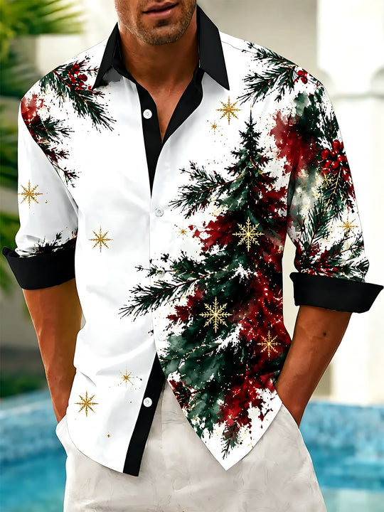 Adaychic Men's Watercolor Christmas Tree And Snowflakes Print Long Sleeve Shirt with Chest Pocket