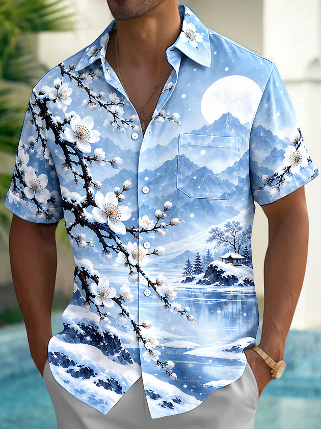 Adaychic Men's Short Sleeve Shirt - Winter Snowy Landscape With Cherry Blossoms Print with Chest Pocket
