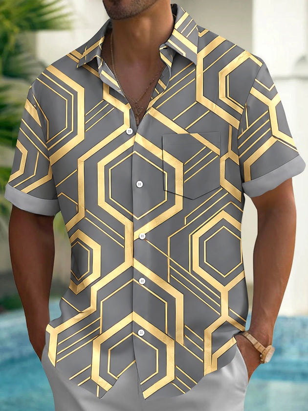Adaychic Men's Patterned Geometric Hexagon Pattern Short Sleeve Shirt with Chest Pocket