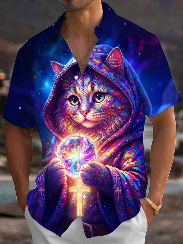 Adaychic Men's Short Sleeve Shirt - Colorful Hooded Cat With Crystal Ball And Cross Print with Chest Pocket