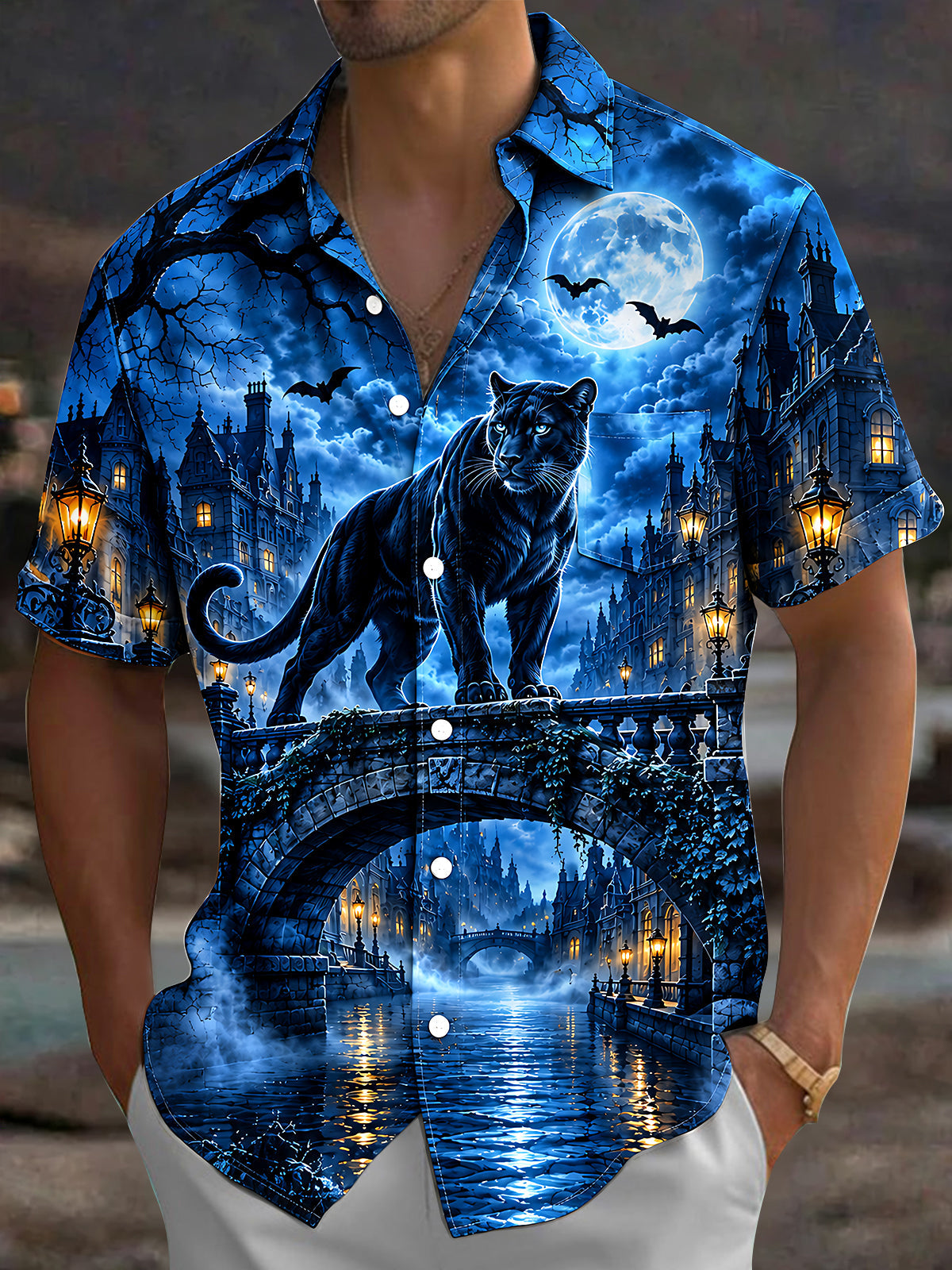 Adaychic Men's Short Sleeve Shirt - Halloween Black Panther On Bridge With Moon And Bats Print with Chest Pocket