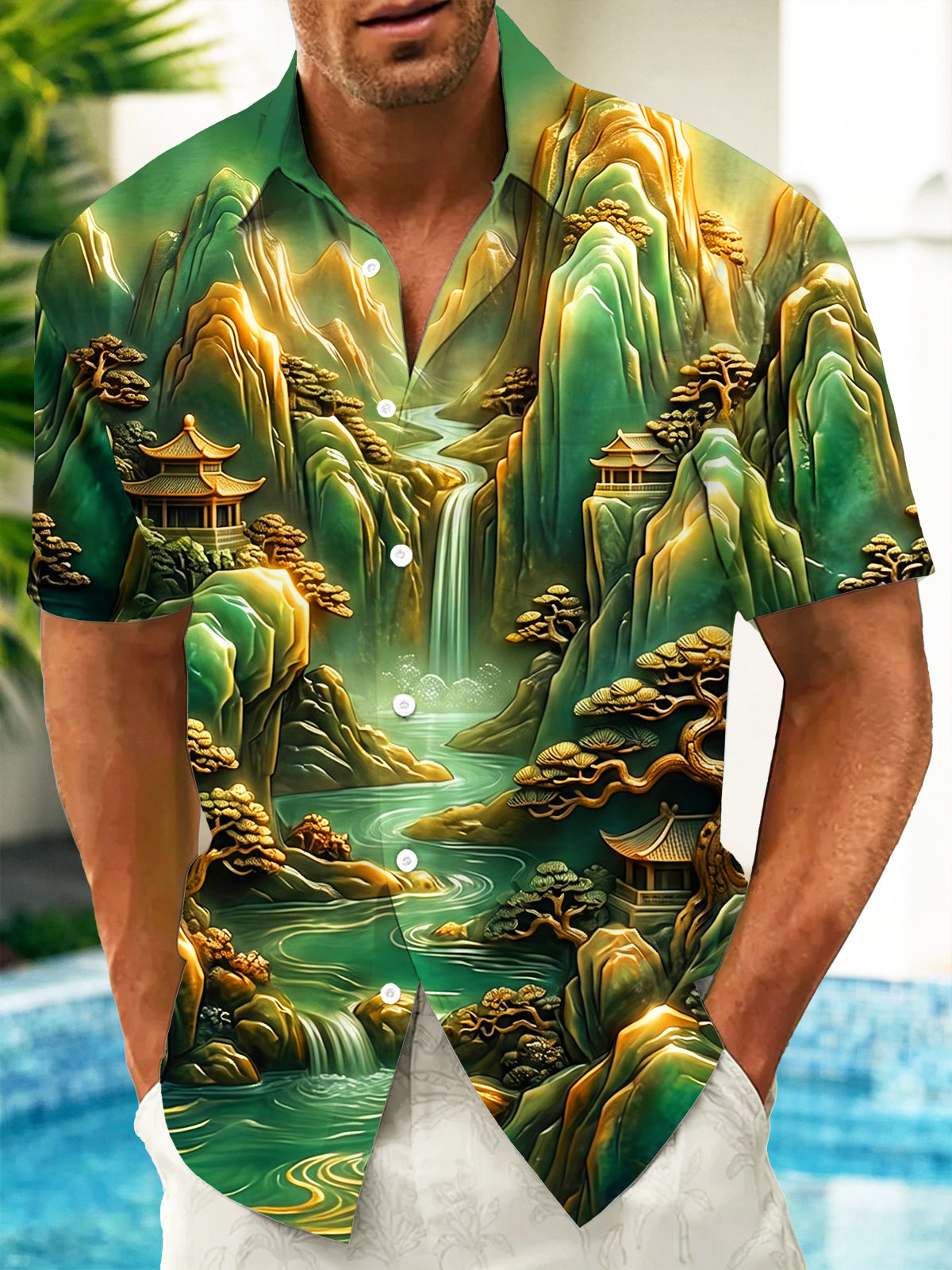 Adaychic Men's Short Sleeve Shirt - Asian Landscape With Mountains And Waterfall Print with Chest Pocket