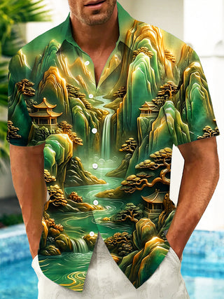 Adaychic Men's Short Sleeve Shirt - Asian Landscape With Mountains And Waterfall Print with Chest Pocket