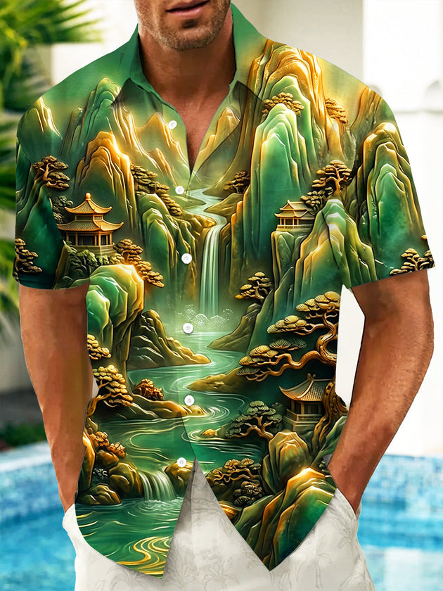 Adaychic Men's Short Sleeve Shirt - Asian Landscape With Mountains And Waterfall Print with Chest Pocket