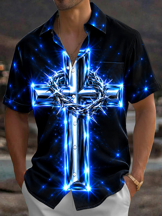 Adaychic Men's Glowing Blue Cross And Crown Of Thorns Print Short Sleeve Shirt with Chest Pocket