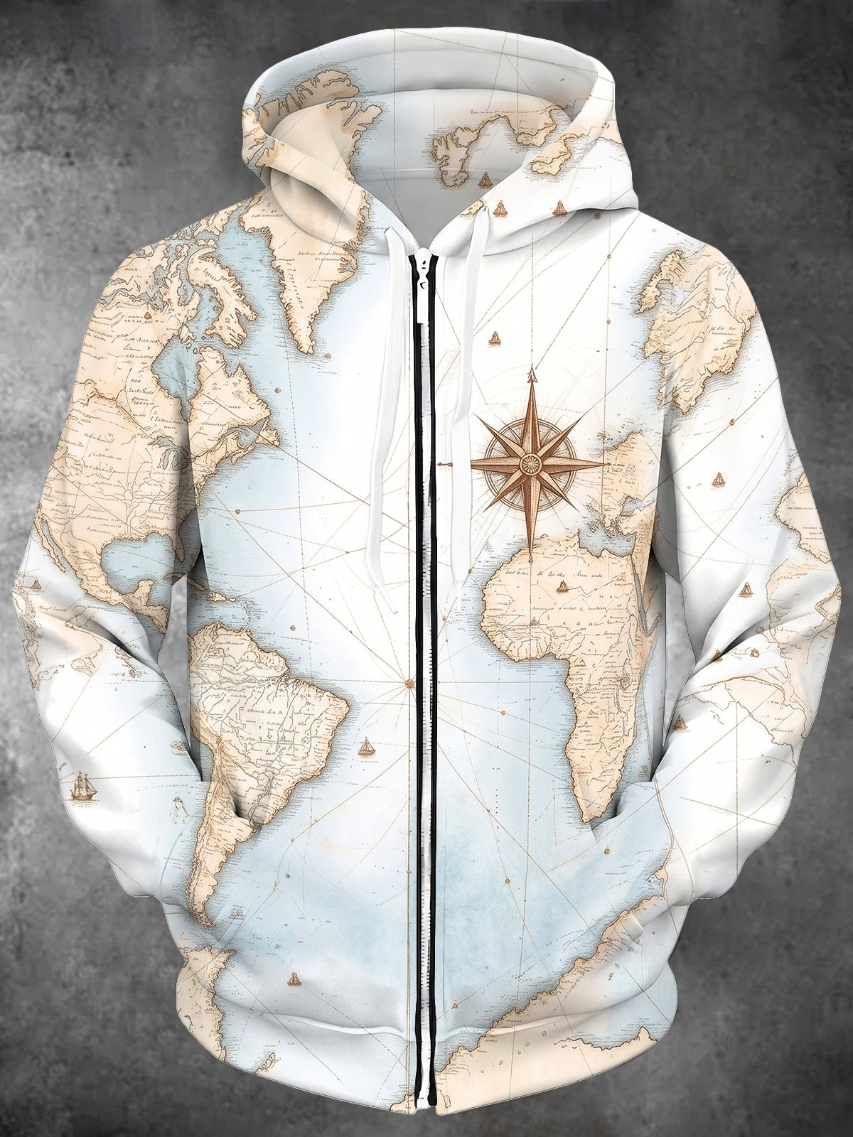 Adaychic Men's Long Sleeve Zip-Up Hoodie - Vintage World Map And Compass Rose Print with Kangaroo Pocket