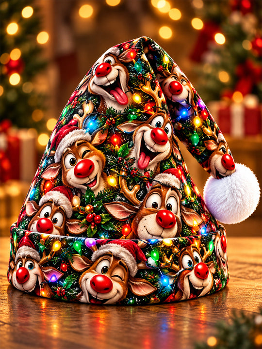 Adaychic Men's Funny Reindeer Faces With Christmas Lights And Holly Print Hat