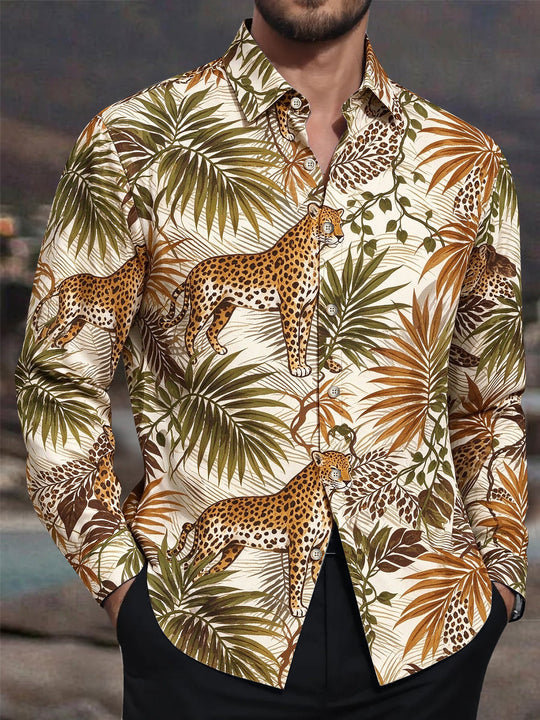Adaychic Men's Hawaiian Leopard And Palm Leaves Print Long Sleeve Shirt with Chest Pocket