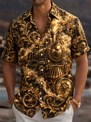 Adaychic Men's Vintage Steam Train And Pocket Watch Print Short Sleeve Shirt with Chest Pocket