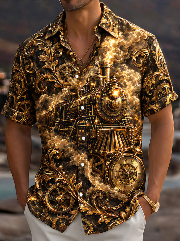 Adaychic Men's Vintage Steam Train And Pocket Watch Print Short Sleeve Shirt with Chest Pocket