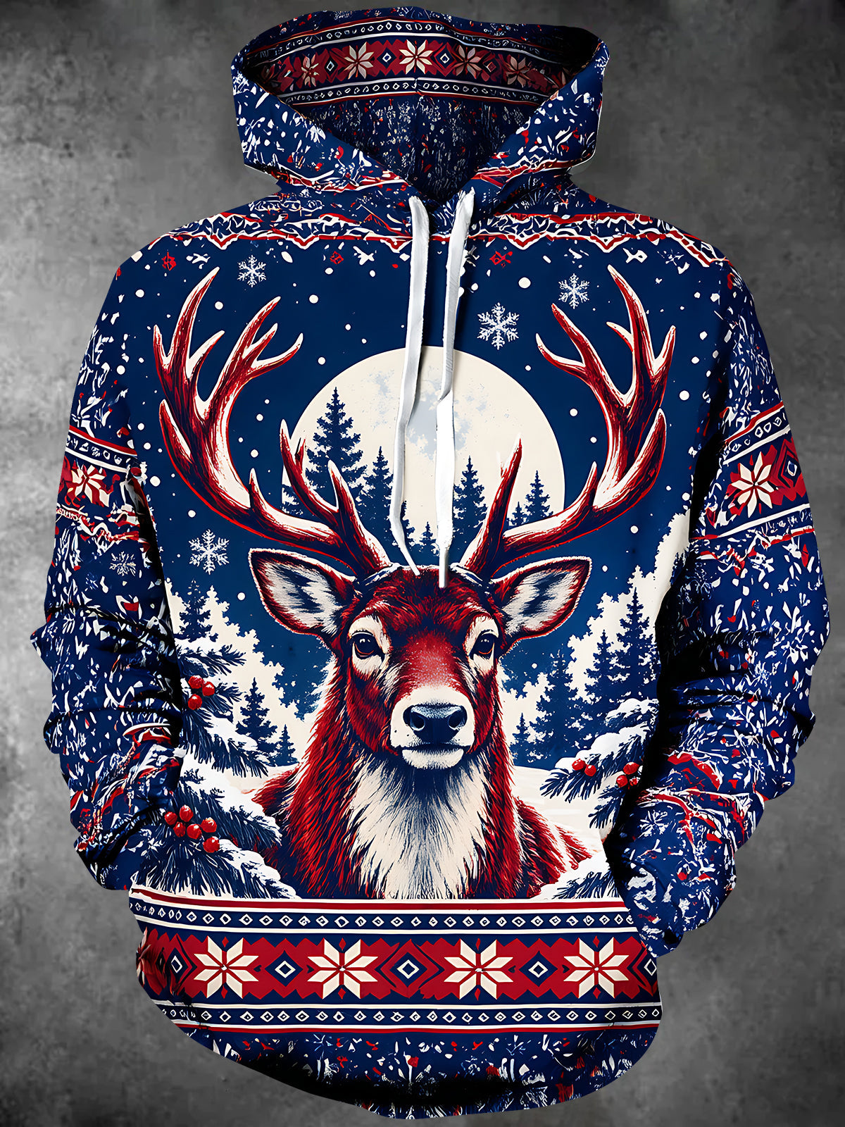 Adaychic Men's Long Sleeve Hoodie - Christmas Deer And Snowy Forest With Snowflakes Print