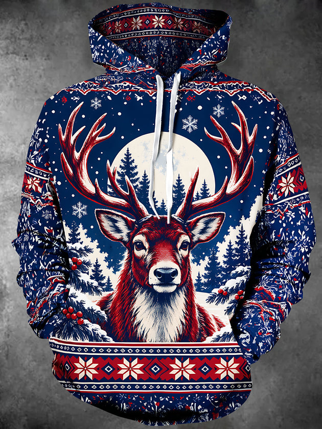 Adaychic Men's Long Sleeve Hoodie - Christmas Deer And Snowy Forest With Snowflakes Print