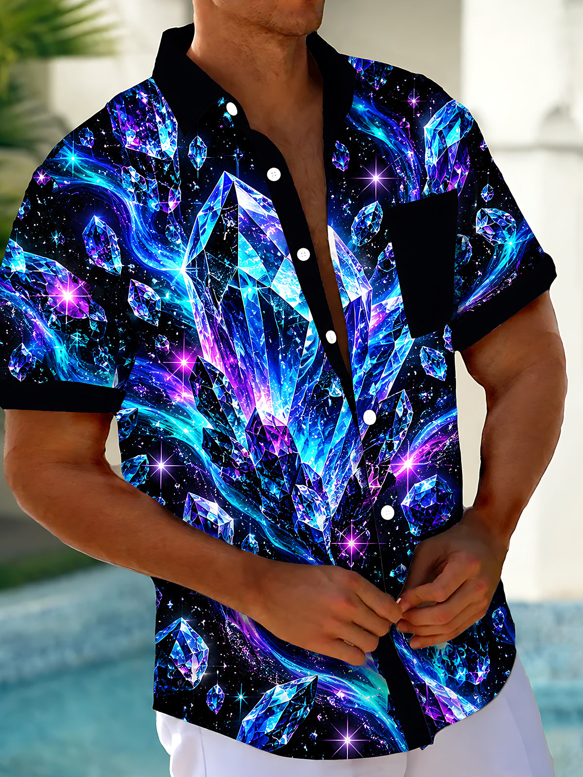 Adaychic Men's Hawaiian Crystal Gems And Galaxy Nebula Print Short Sleeve Shirt with Chest Pocket
