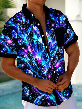 Adaychic Men's Hawaiian Crystal Gems And Galaxy Nebula Print Short Sleeve Shirt with Chest Pocket