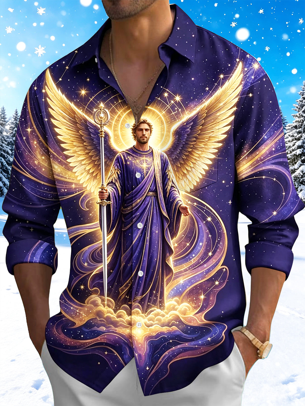 Adaychic Men's Angel Portrait With Wings And Staff Print Long Sleeve Shirt with Chest Pocket