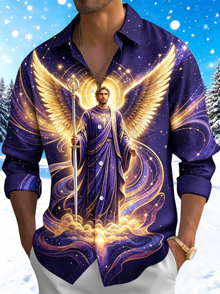 Adaychic Men's Angel Portrait With Wings And Staff Print Long Sleeve Shirt with Chest Pocket
