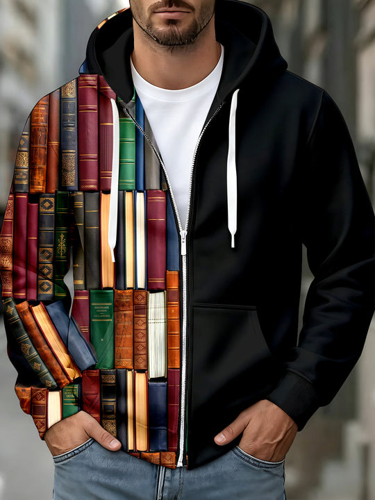 Adaychic Men's Vintage Book Spines Print Long Sleeve Zip-Up Hoodie with Kangaroo Pocket