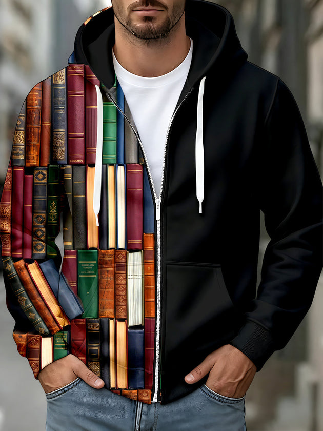 Adaychic Men's Vintage Book Spines Print Long Sleeve Zip-Up Hoodie with Kangaroo Pocket