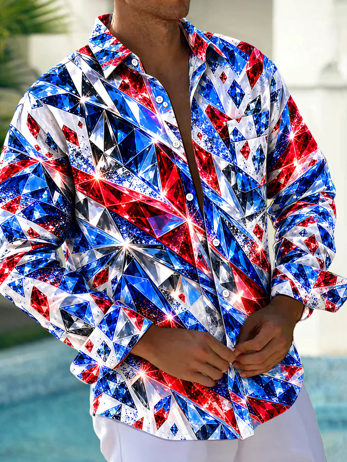 Adaychic Men's Patterned Geometric Gemstone Pattern Long Sleeve Shirt with Chest Pocket