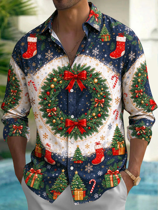 Adaychic Men's Christmas Wreath With Red Bows Print Long Sleeve Shirt with Chest Pocket