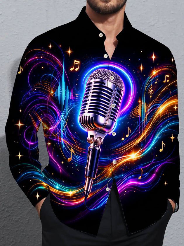 Adaychic Men's Long Sleeve Shirt - Vintage Microphone With Neon Music Notes And Sound Waves Print with Chest Pocket