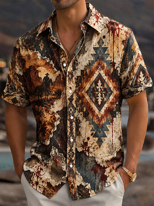 Adaychic Men's Short Sleeve Shirt - Western Cowboy On Horseback And Geometric Patterns Print with Chest Pocket