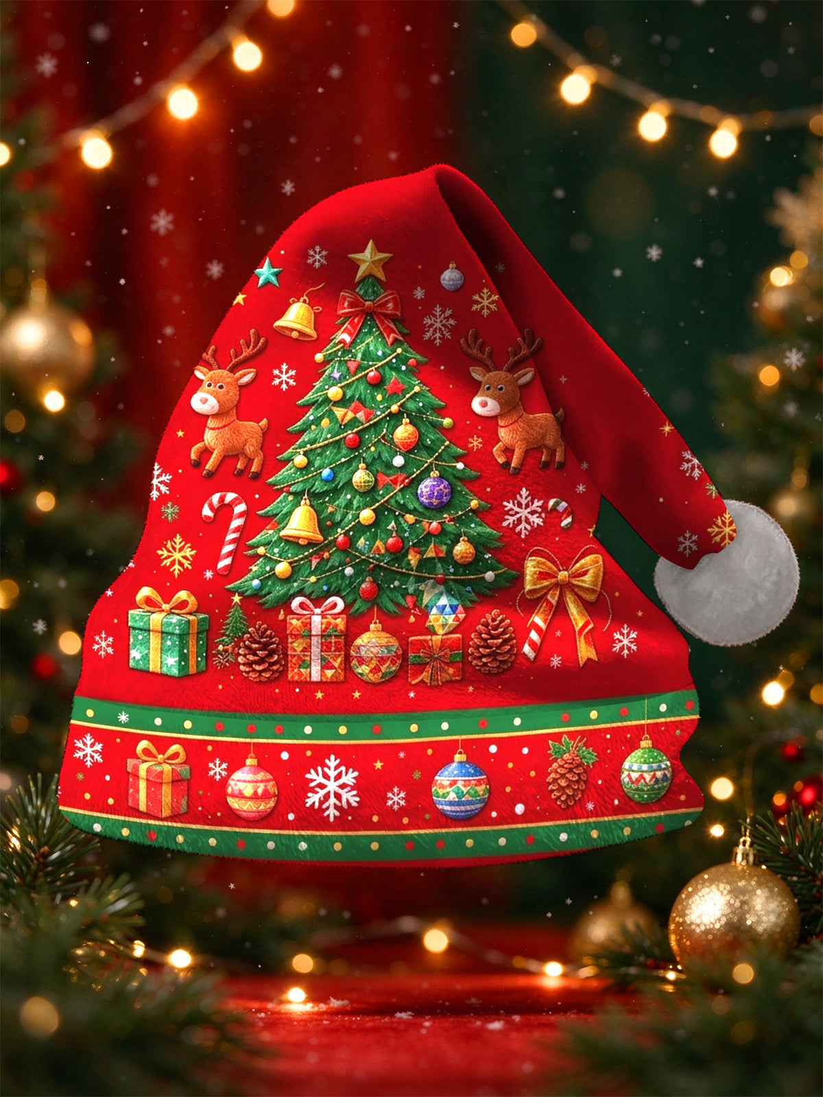 Adaychic Men's Printed Christmas Tree And Reindeer Print Hat
