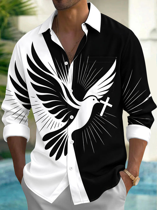 Adaychic Men's Graphic Peace Dove And Cross Print Long Sleeve Shirt with Chest Pocket