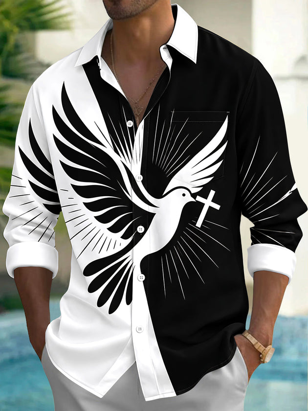 Adaychic Men's Graphic Peace Dove And Cross Print Long Sleeve Shirt with Chest Pocket