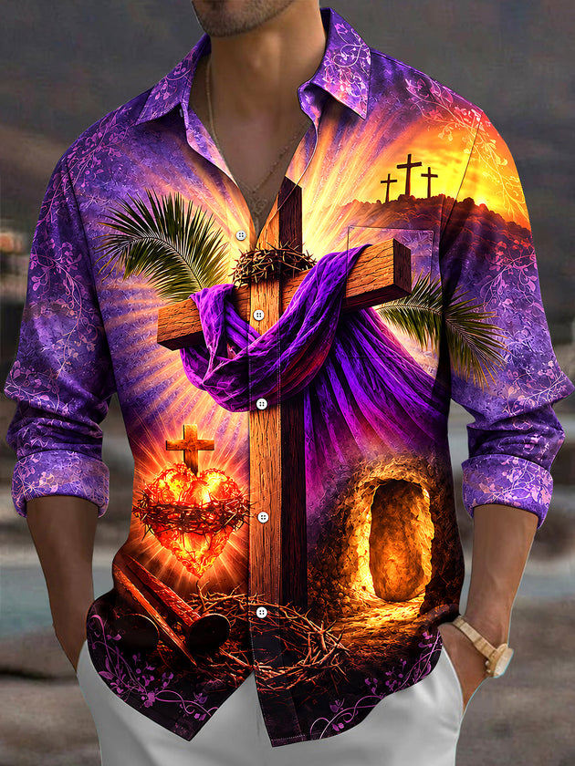 Adaychic Men's Long Sleeve Shirt - Easter Christian Resurrection Scene With Cross And Empty Tomb Print with Chest Pocket