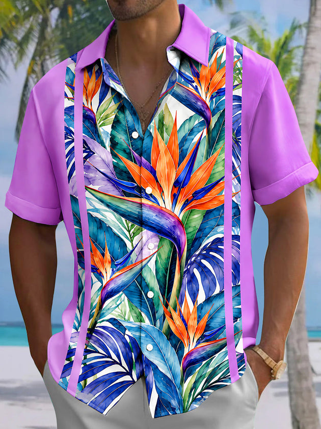 Adaychic Men's Short Sleeve Shirt - Bird Of Paradise Flowers And Tropical Leaves Print with Chest Pocket