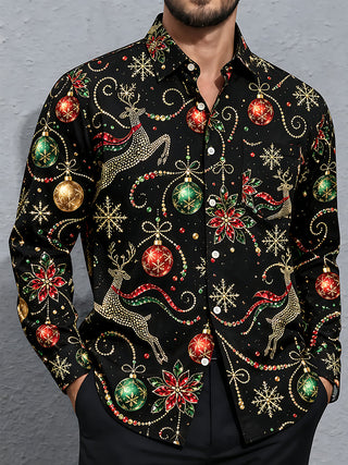 Adaychic Men's Printed Christmas Reindeer And Ornaments Print Long Sleeve Shirt with Chest Pocket