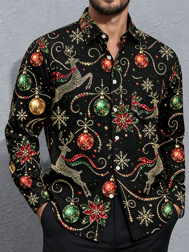 Adaychic Men's Printed Christmas Reindeer And Ornaments Print Long Sleeve Shirt with Chest Pocket