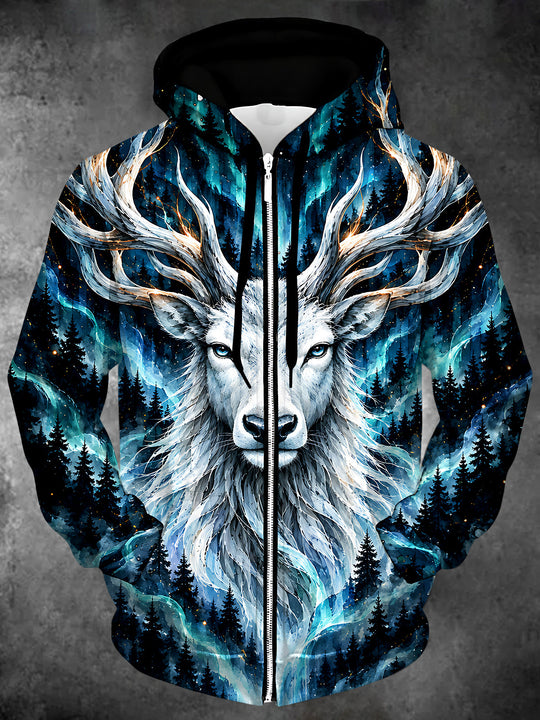 Adaychic Men's White Deer And Pine Forest Print Long Sleeve Zip-Up Hoodie with Kangaroo Pocket