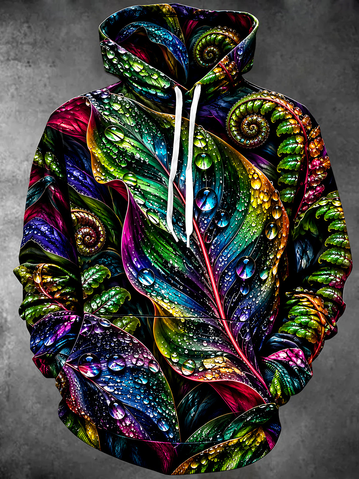 Adaychic Men's Long Sleeve Hoodie - Colorful Leaves And Ferns With Water Droplets Print