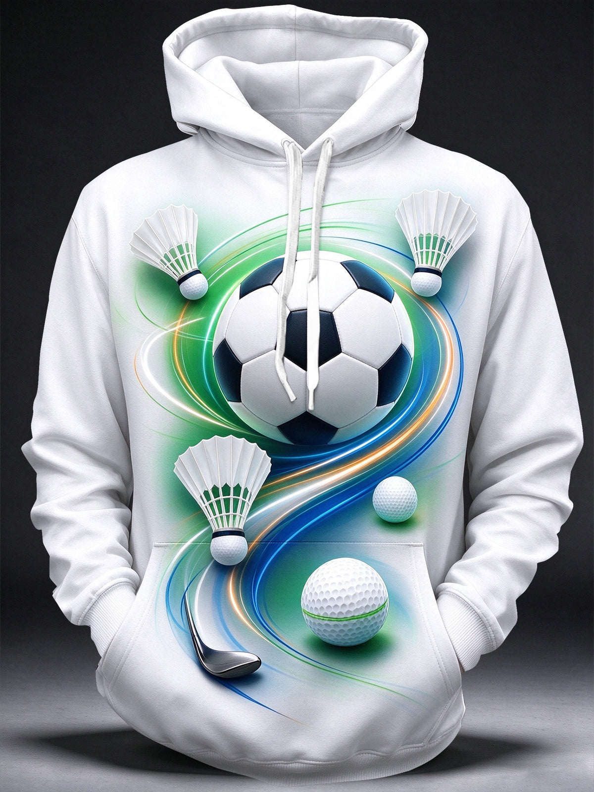 Adaychic Men's Long Sleeve Pullover Hoodie - Soccer Ball Badminton Shuttlecocks And Golf Balls With Swirling Lines Print with Kangaroo Pocket