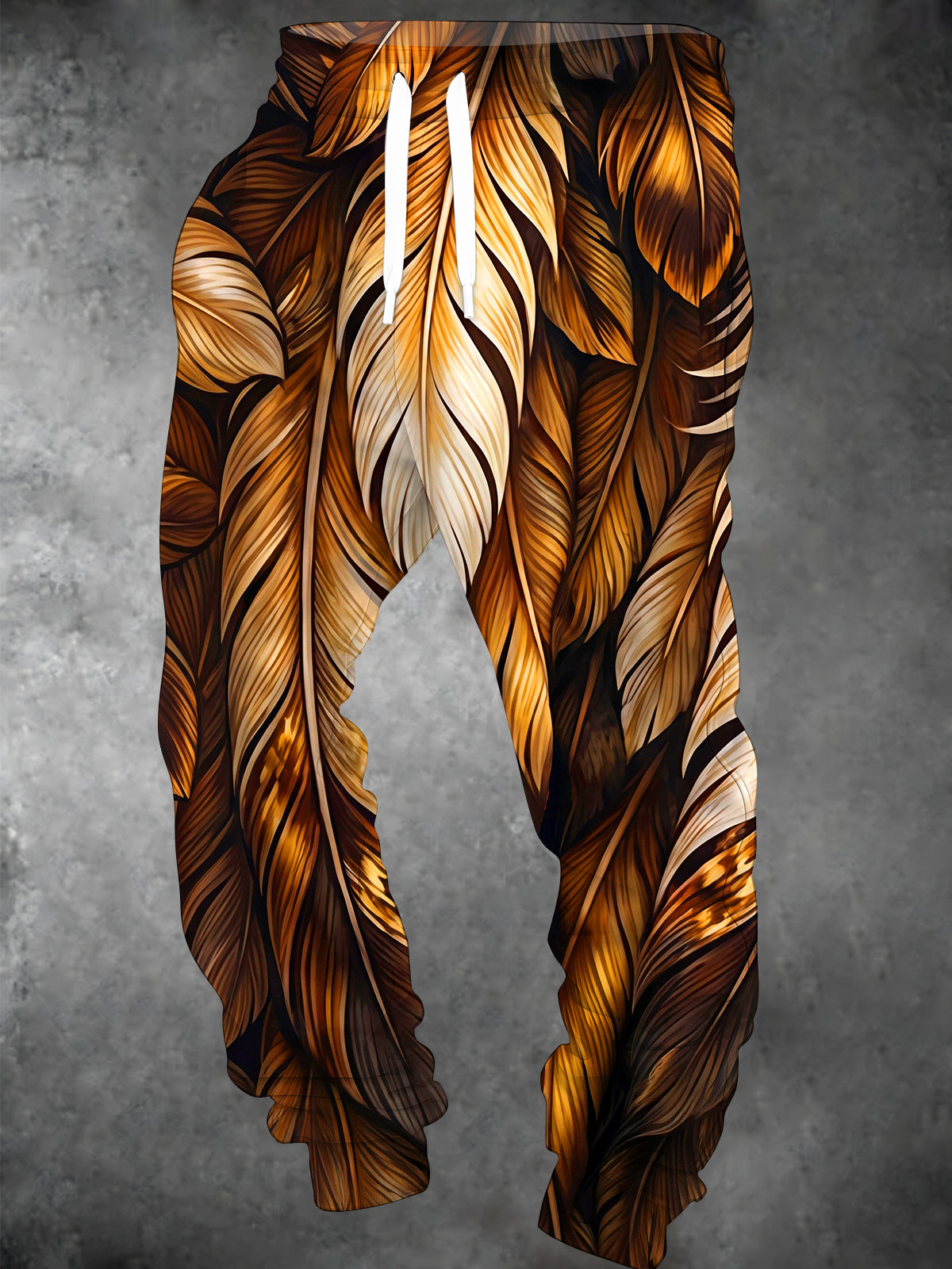 Adaychic Men's Patterned Golden Brown Feather Texture Print Pants